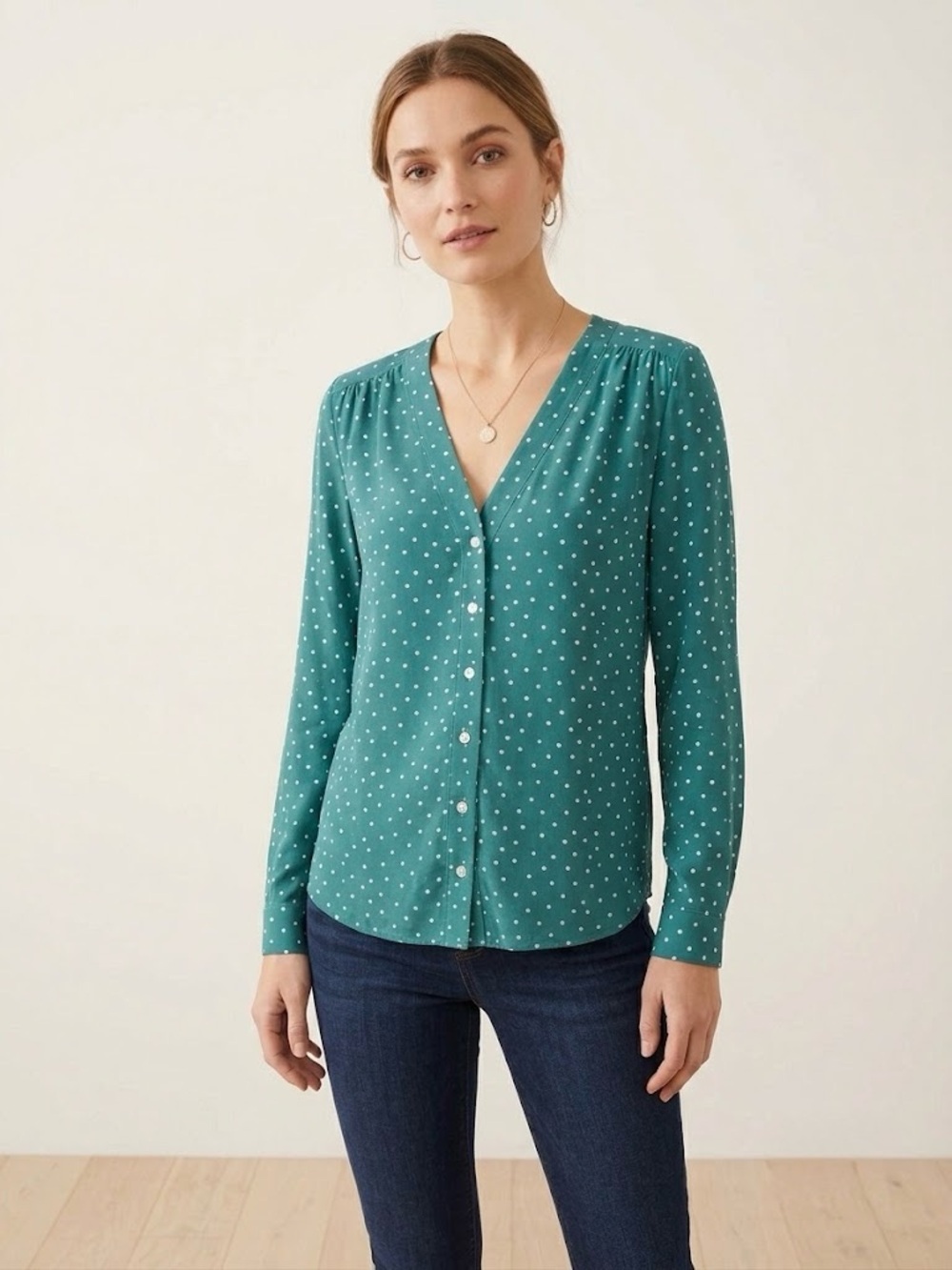 Amour Vert 100% Silk Polka Dot Blouse - Emerald Green Cream - Size Medium